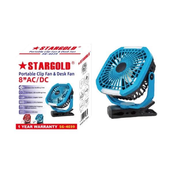 Stargold Portable Clip Fan AC /DC and Desk Fan Small Fan 360Degree Rotation for Best Wind 8 Inch Blue